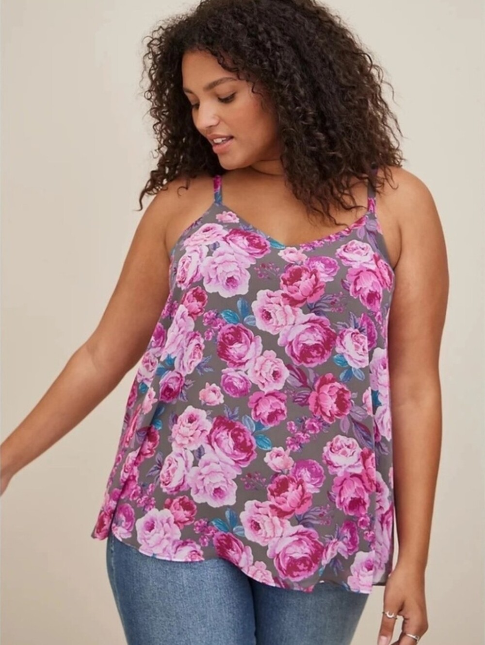 Torrid Pink And Grey Floral Sophie Chiffon Swing Cami Like New Size 2x